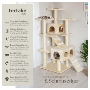 Beiger Tectake Kratzbaum Knuti, 186 cm hoch, mit Katzenhäuschen, Liegeflächen und Spielzeug.