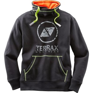 Terrax Workwear Sweatshirt, schwarz/limette, Gr. XL, hoher Kragen, Frontdruck, Kängurutasche.