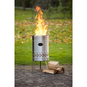 Feuerhand Pyron Feuertonne aus Edelstahl, 25 l, mit brennendem Feuer und Holzscheiten.