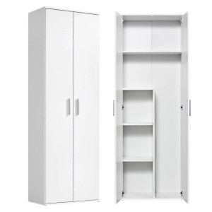 Weißer mokebo Besenschrank/Putzschrank, geschlossen und geöffnet mit Regalfächern. Büroschrank.