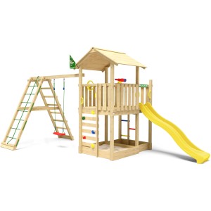 Jungle Gym Spielturm Chateau mit Schaukel, Kletterbock und gelber Rutsche.