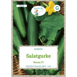 Saatgutpackung Grüne Fee Salatgurke Konsa F1 mit Abbildung von Salatgurken und Blüte.