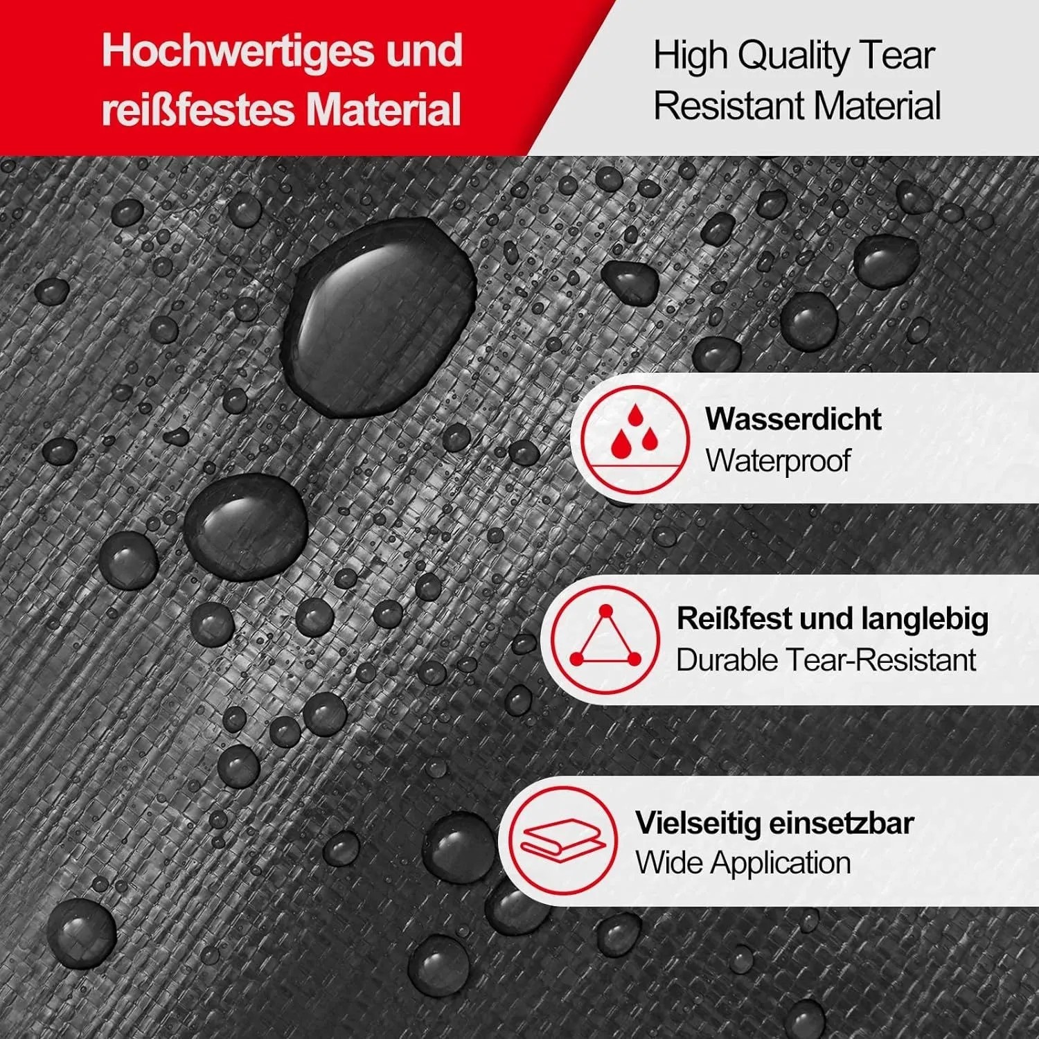 Detailaufnahme der grauen WOLTU Poolplane (200 g/m²) mit Wasserperlen, die ihre Wasserdichtigkeit demonstrieren.