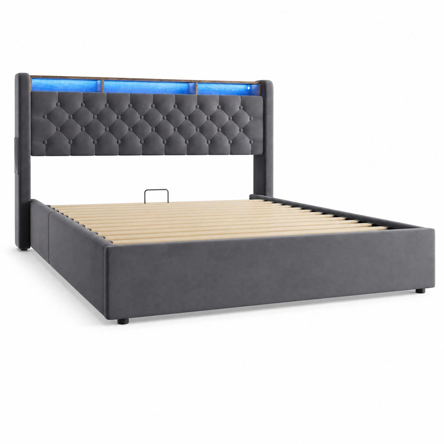 okwish Polsterbett mit LED-Beleuchtung Jugendbett mit Matratze 160x200cm Dunkelgrau