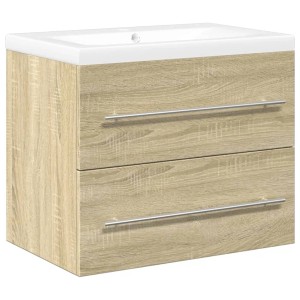 Badmöbel-Set Sonoma-Eiche mit weißem Keramik-Waschbecken und zwei Schubladen. Wandhängender Badezimmerschrank aus Holzwerkstoff.