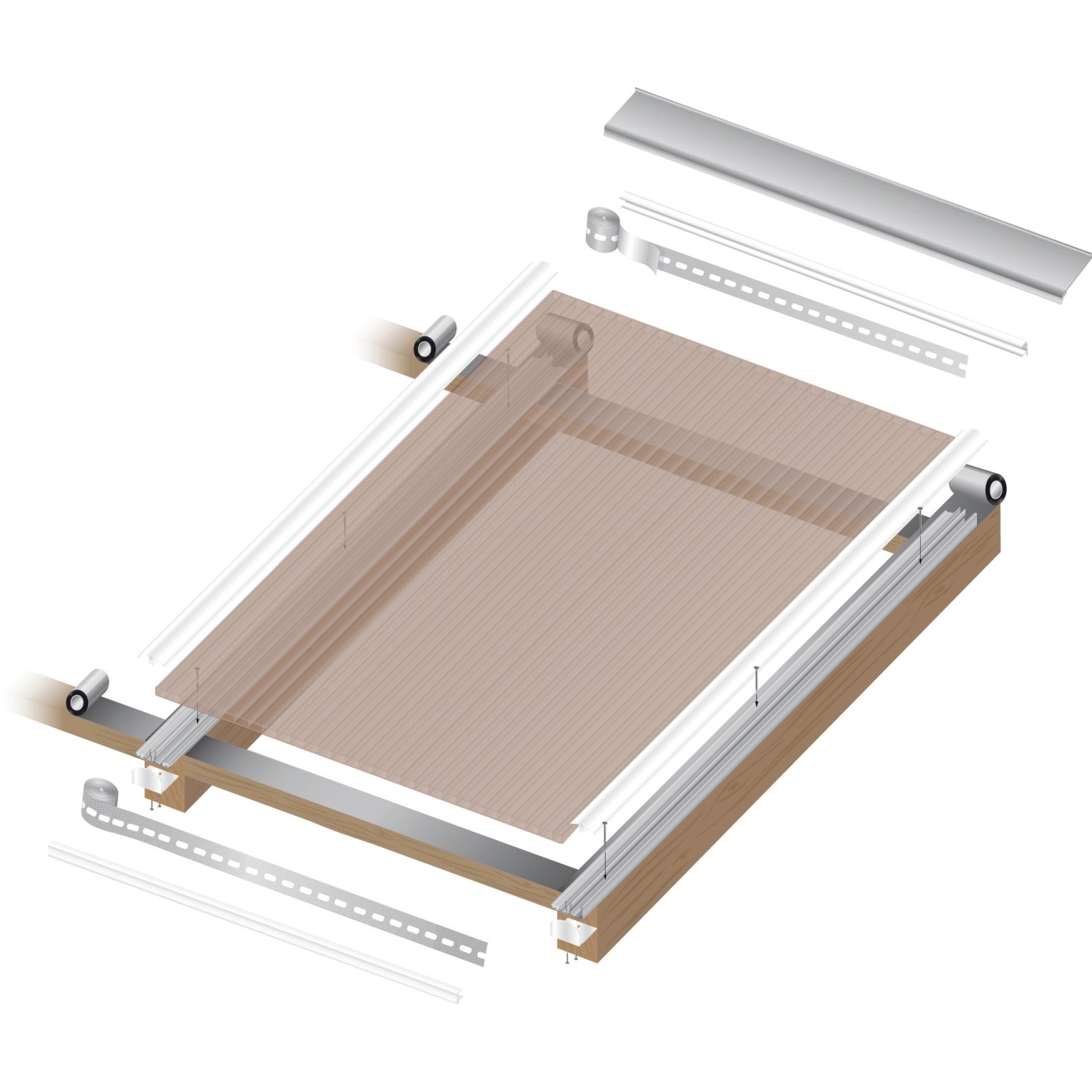 Hohlkammerplatte 16mm Bronce, Detailansicht der Montage einer Kunststoffbedachung.