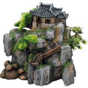 Ebi Dekor Korean-Cottage: Aquarium Dekofigur, detailreiche Landhaus-Nachbildung mit Felsen und Pflanzen.