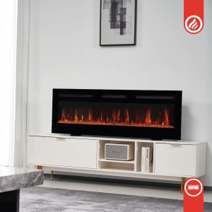 Kaminio Elektrokamin Marlon 3in1, 36 Zoll, mit 3D-Flammeneffekt auf weißem Lowboard.