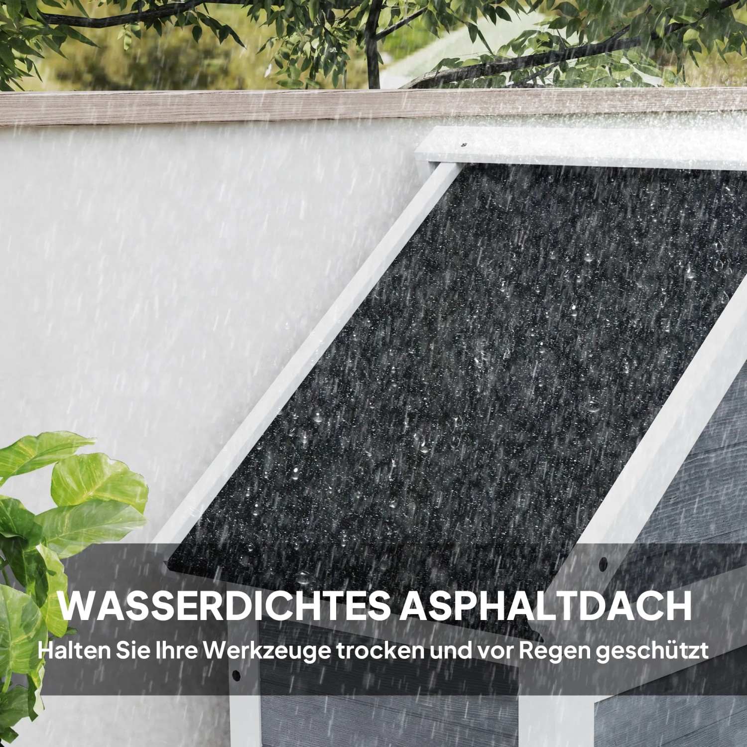 Detailaufnahme des wasserdichten Asphaltdachs des hellgrauen Outsunny Gartenschranks aus Tannenholz im Regen.