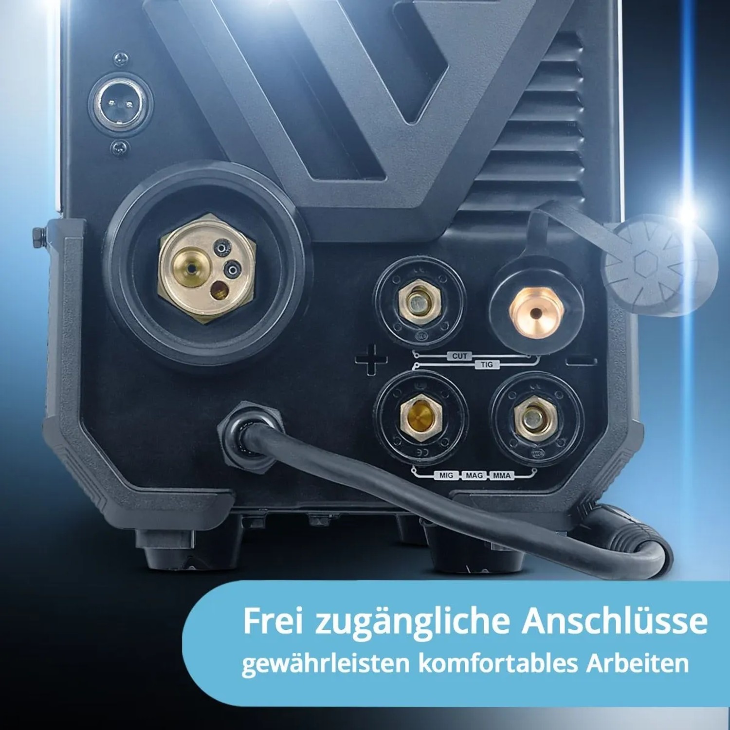Anschlüsse des STAHLWERK CTM 250 ST Kombi Schweißgeräts für WIG, MIG, MAG, MMA und CUT.