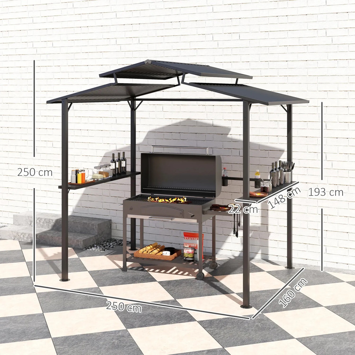 Schwarzer Outsunny Grillpavillon aus Metall mit Ablageflächen, 250x160x250cm.