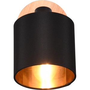 Reality Strahler Tommy, 1-flammig, Holzfarbig, mit schwarzem Stoffschirm und goldenem Innenleben.