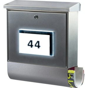 Burg Wächter Briefkasten Malaga 4400 Ni aus Edelstahl mit LED-Solar Hausnummernbeleuchtung und Zeitungsbox.