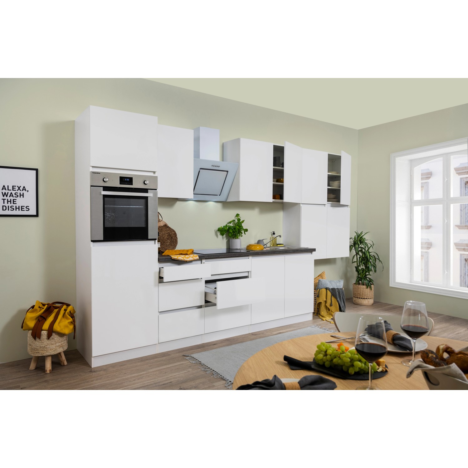 Respekta Küchenzeile/Küchenblock GLRP370HWWM Grifflos 370 cm Weiß matt