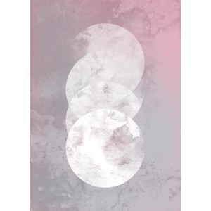 Komar Wandbild Tessera Noctis 50x70 cm mit abstrakten, weißen Kreisen auf rosa-grauem Hintergrund.