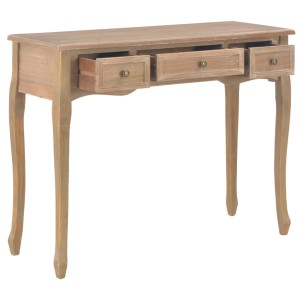 Brauner vidaXL Konsolentisch aus Holz mit 3 Schubladen und geschwungenen Beinen. Ideal als Frisiertisch.