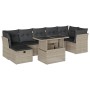 Hellgraue 8-tlg. Garten-Sofagarnitur aus Polyrattan mit Tisch und Kissen.