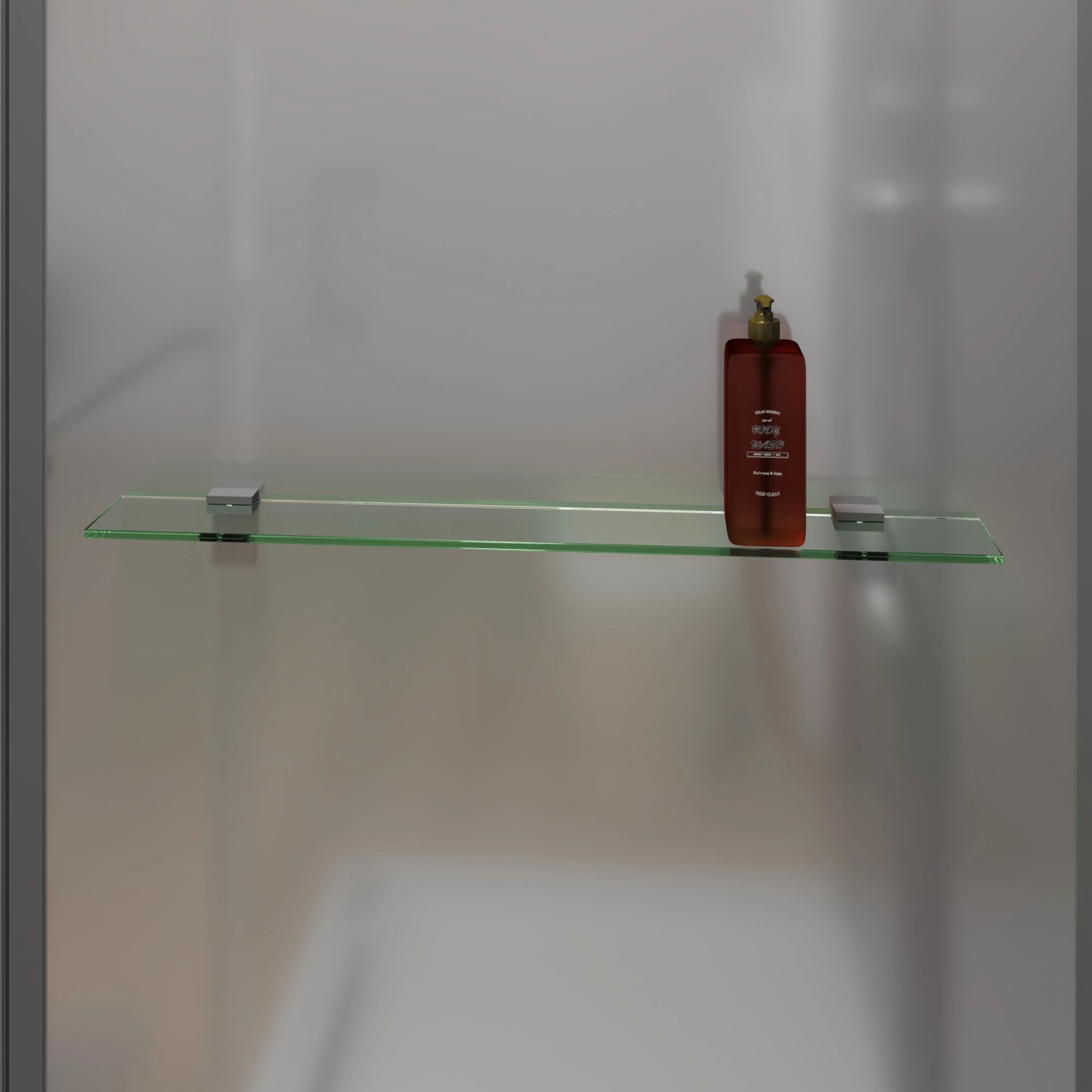 Detailaufnahme: Glasablage mit Pflegeprodukt in Schulte Komplettduschkabine Korsika.
