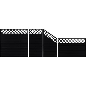 Anthrazitfarbener Sichtschutzzaun Country, verschiedene Elemente mit Lattenzaun-Abschluss.