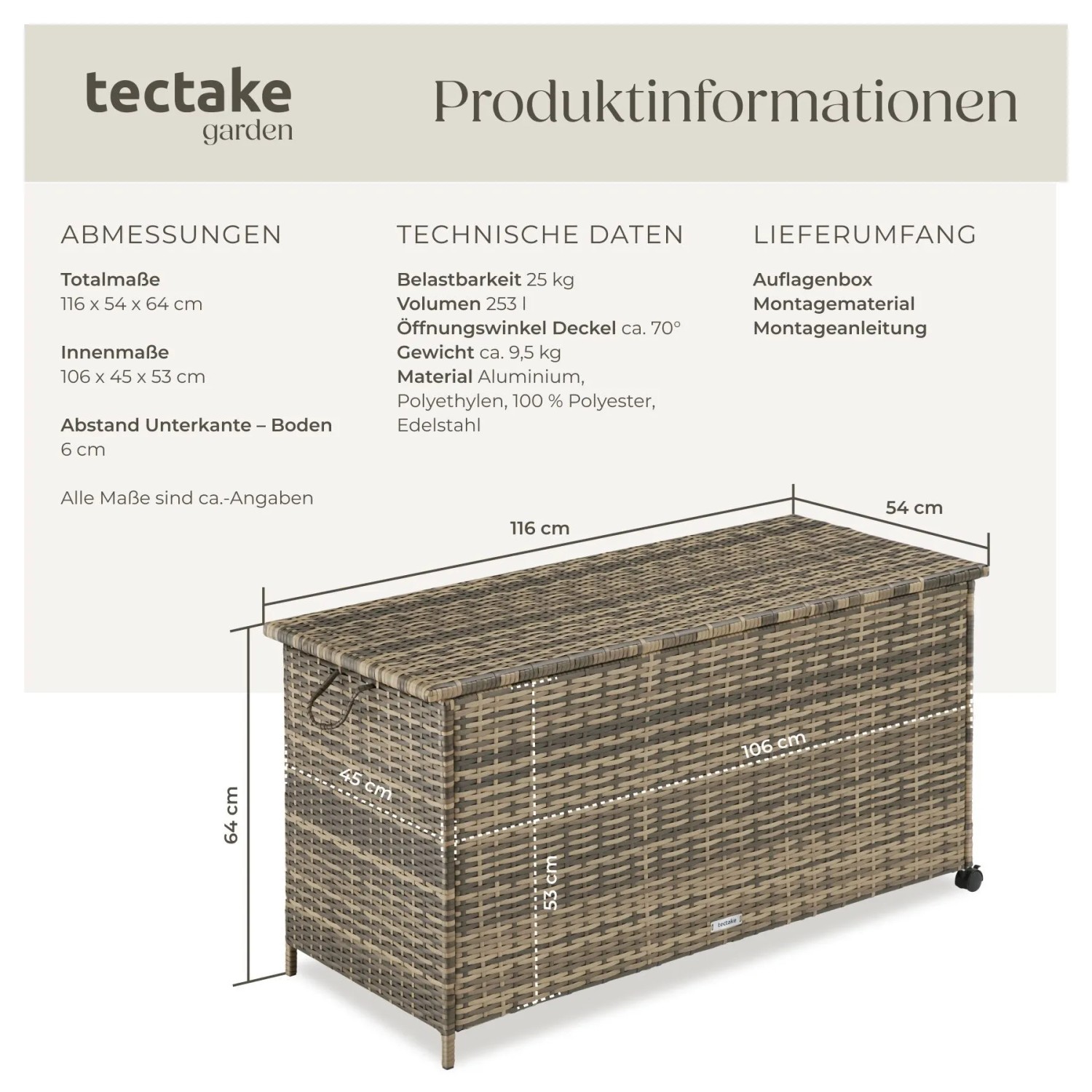 Tectake Auflagenbox Kuusamo, 253 L, Rattangeflecht, Rollen, 116x54x64 cm. Garten Zubehör.