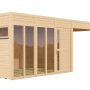 Bertilo Elementgartenhaus Cubus 3 Office Lounge aus Holz mit Fensterfront und Überdachung.
