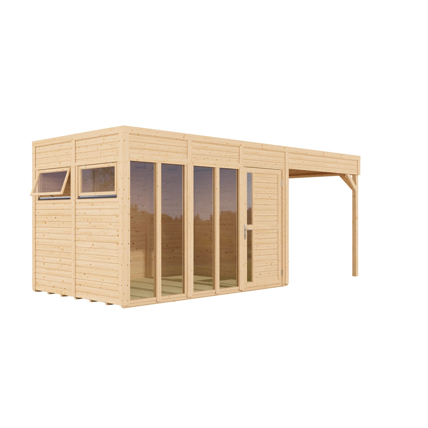 Bertilo Elementgartenhaus Cubus 3 Office Lounge aus Holz mit Fensterfront und Überdachung.