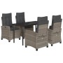 vidaXL 5-tlg. Garten-Essgruppe mit grauen Kissen, bestehend aus Tisch mit Glasplatte und 4 Rattansesseln.