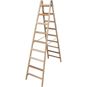 Krause Holz-Doppelleiter Stabilo mit 2x9 Sprossen, beidseitig begehbar, mit Spreizsicherung.