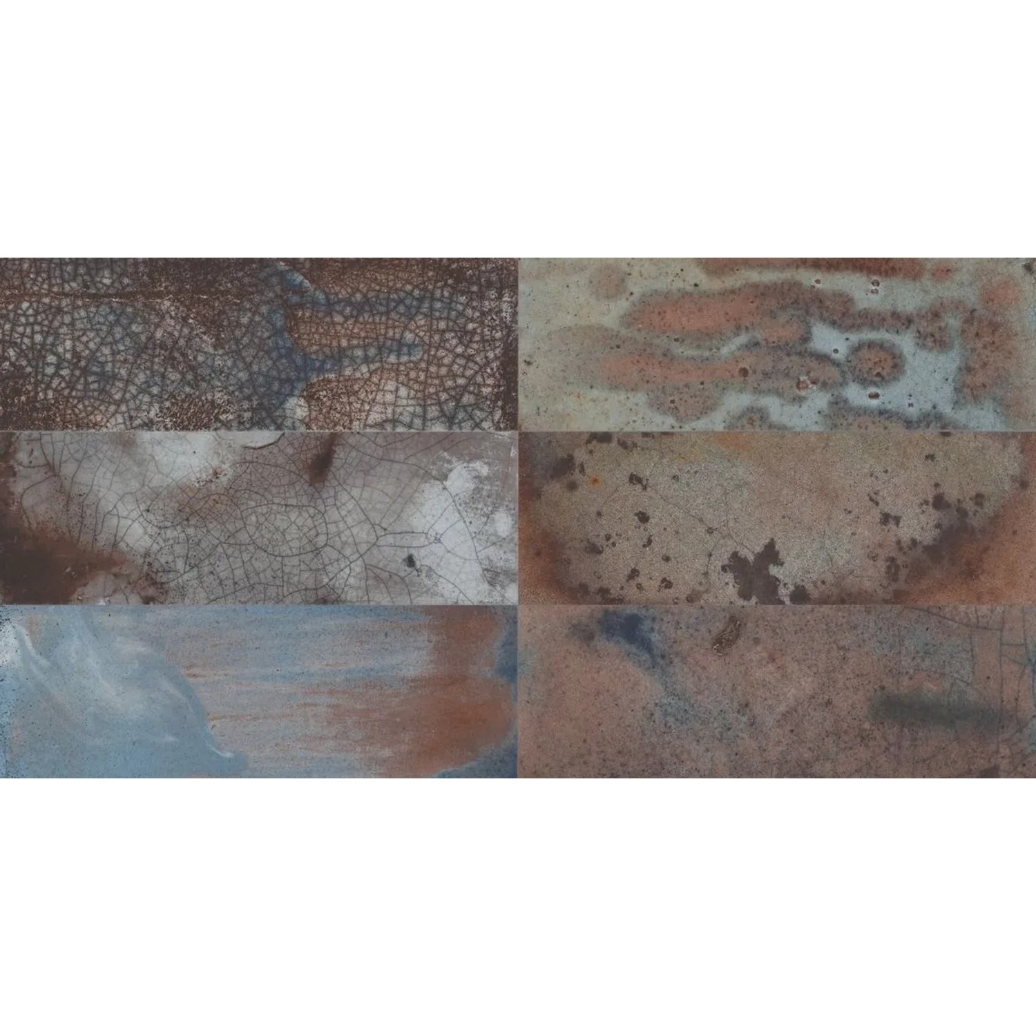 Matte Keramik Wandfliesen 20x40cm in Terracotta-Blau Farbmischung mit Raku-Effekt und V4 Farbvariation.