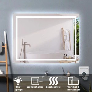 Rechteckiger Duschparadies Badspiegel 80x60cm mit kaltweißer LED Beleuchtung, Wandschalter und Anti-Beschlag im Bad.