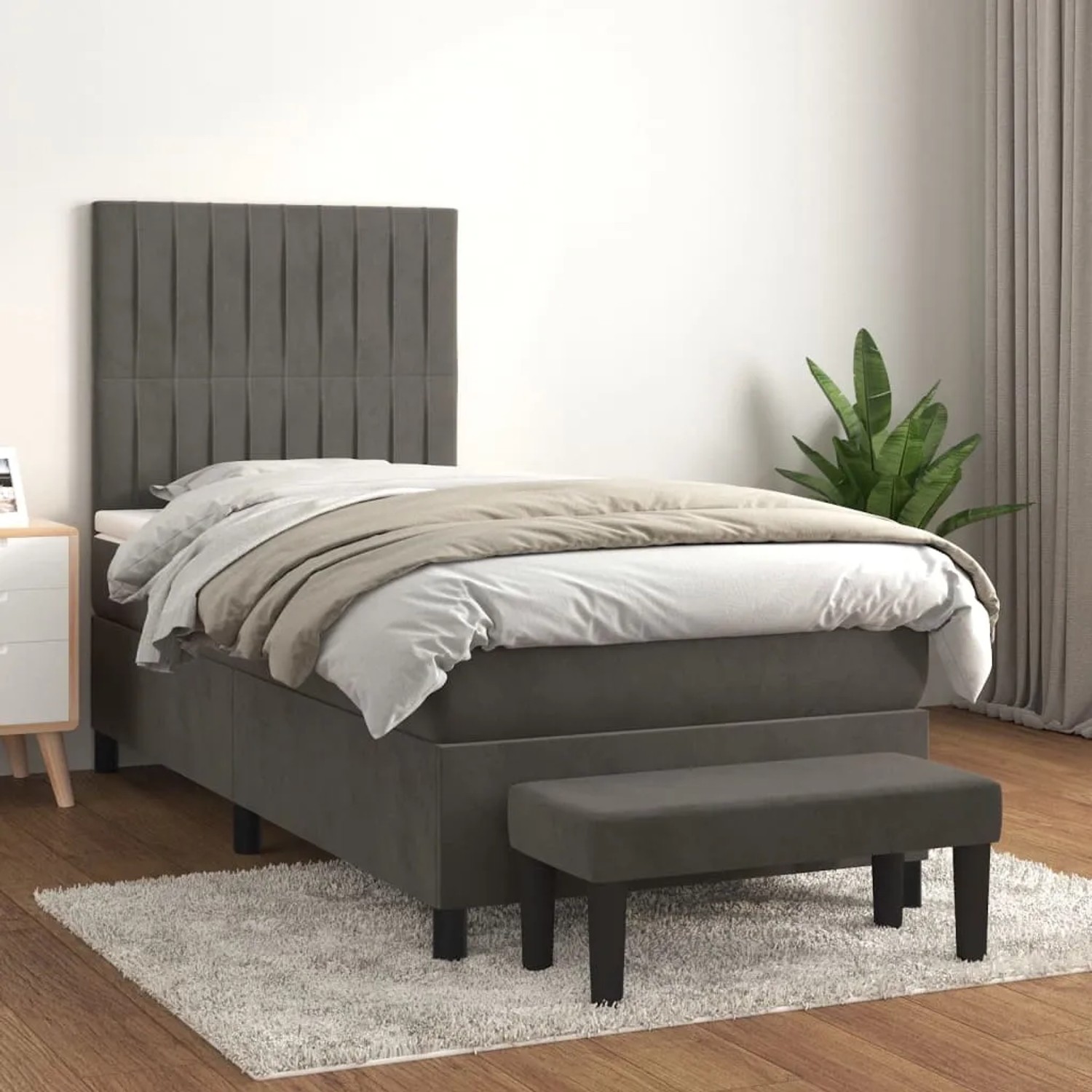 Dunkelgraues Boxspringbett mit Matratze und Bank, Samtbezug, 80x200 cm.