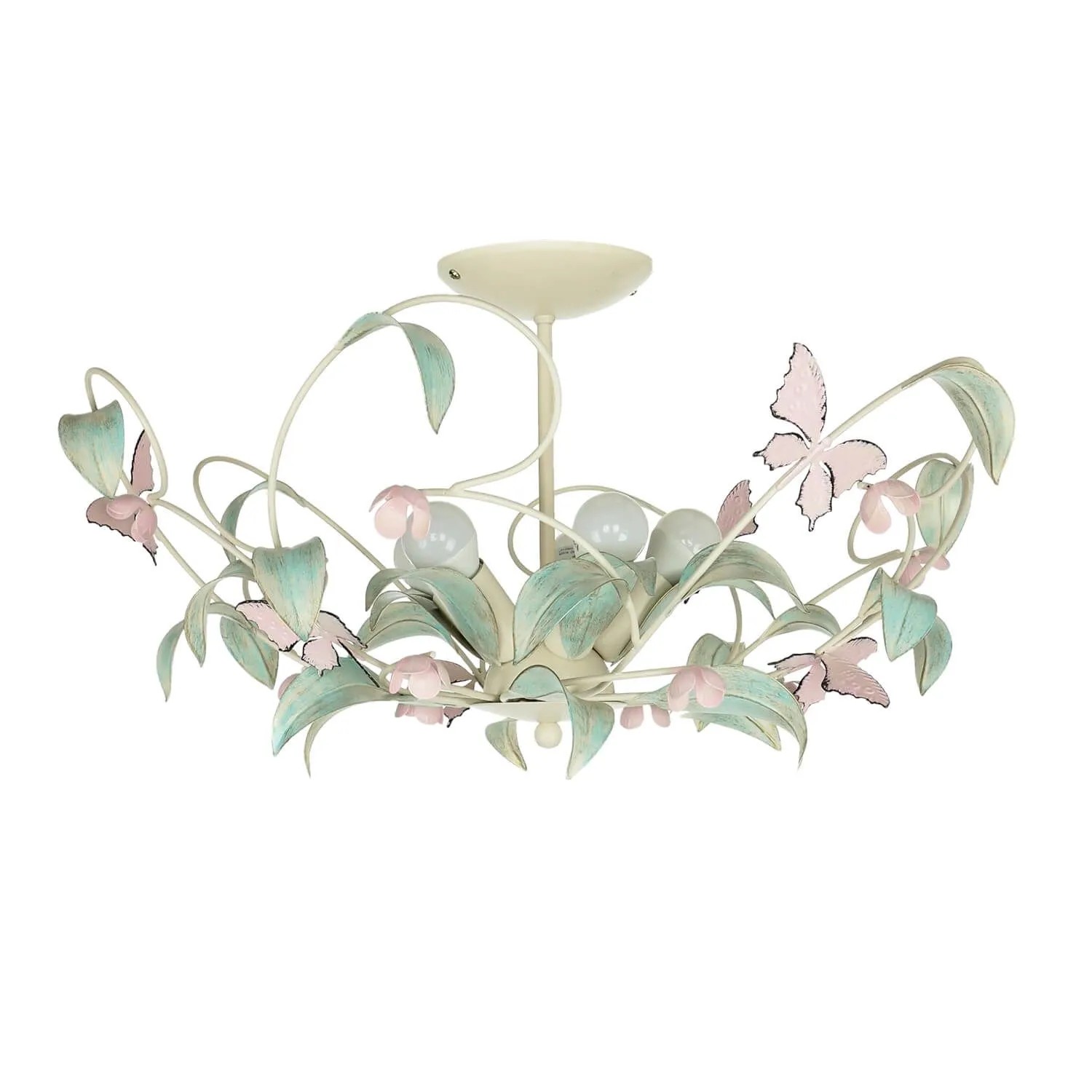 Licht-Erlebnisse Deckenleuchte Floral Metall 64 cm Breit Weiß Rosa Grün