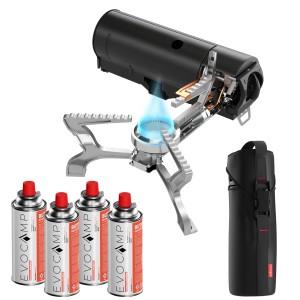 Evocamp Gaskocher Set: Klappbarer Kocher, 4 Gaskartuschen, Tragetasche. Ideal für Camping & Outdoor.