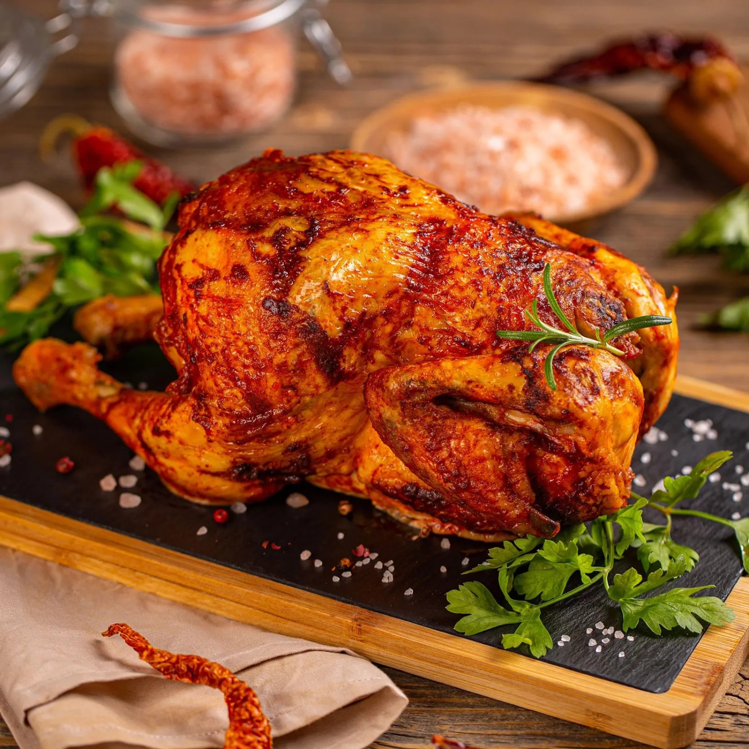 Gegrilltes Hähnchen, zubereitet mit Taino Red Drehspieß für Gasgrill, servierfertig auf Holzbrett.