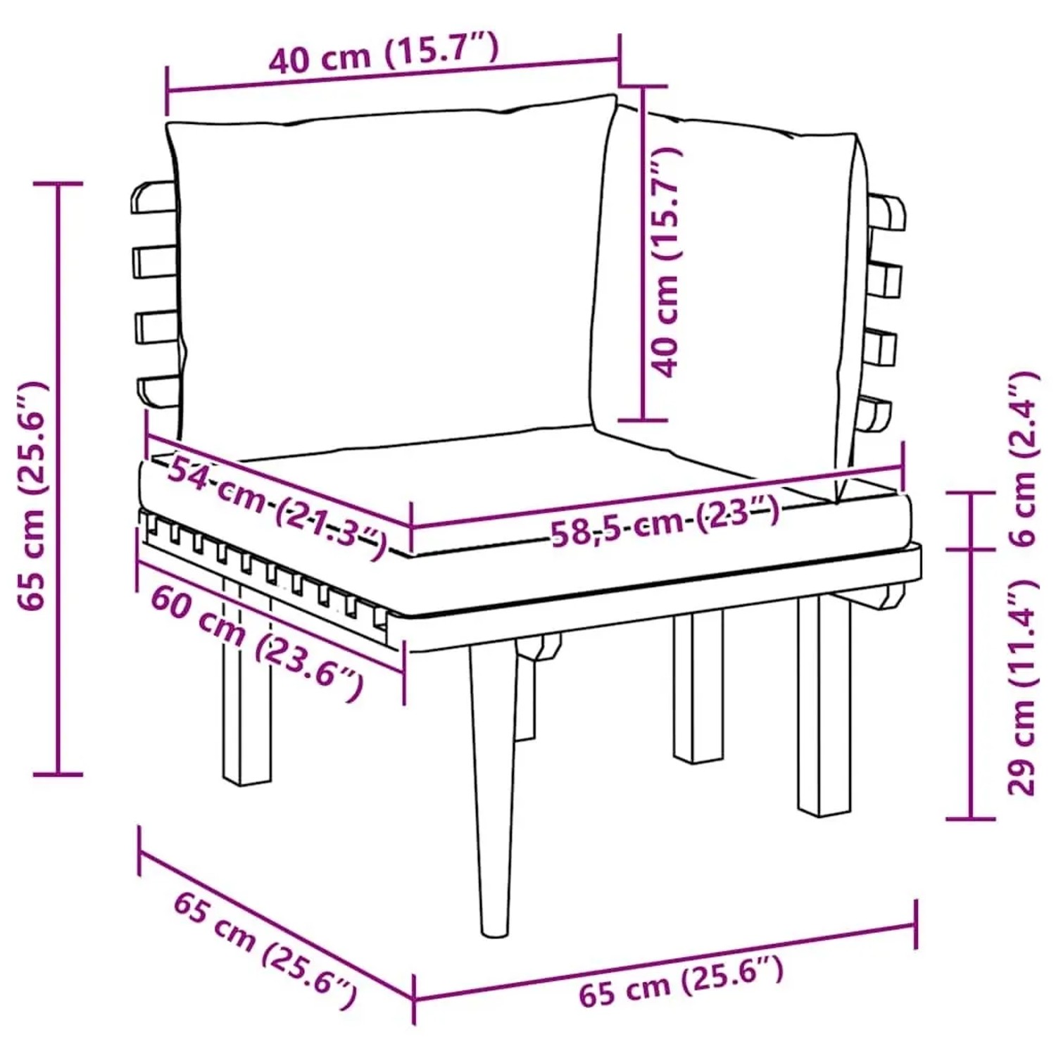 vidaXL Garten-Ecksofa Modul aus Akazienholz mit hellen Kissen. Maße für Gartenstühle.