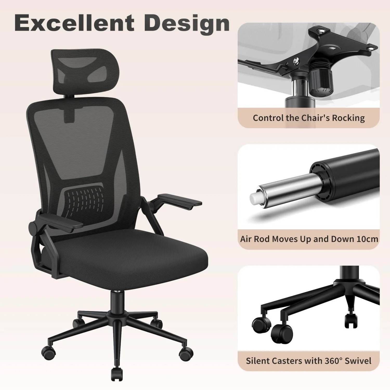 Schwarzer Rattantree Bürostuhl: Ergonomisch, Netzlehne, verstellbare Kopfstütze, hochklappbare Armlehnen, Wippfunktion, Rollen.