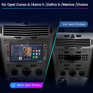 Junsun Autoradio mit Touchscreen in Opel Corsa D Armaturenbrett. Links: Eingebautes schwarzes Android 13 Radio mit CarPlay. Rechts: Originalradio.