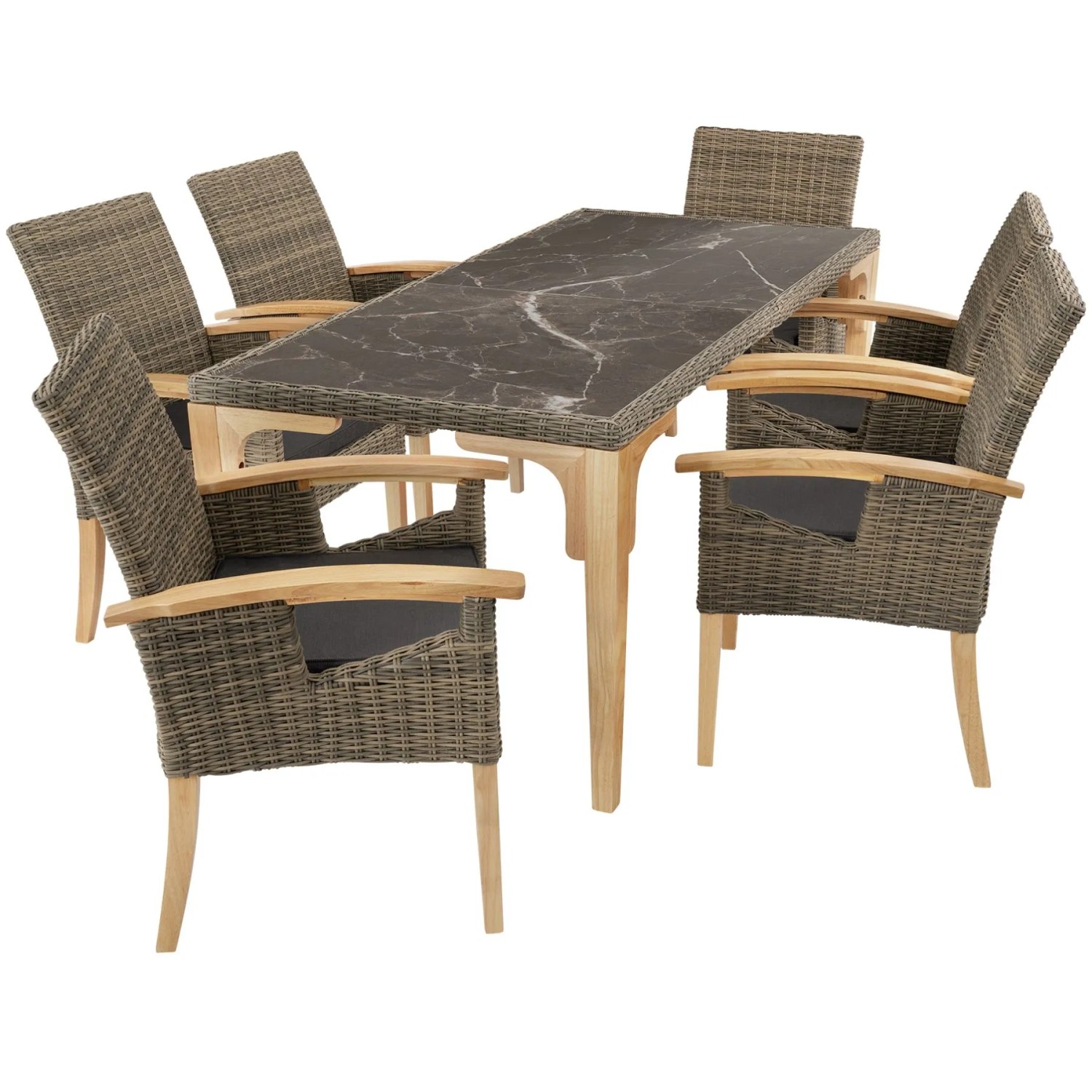 Tectake Rattan Tisch Foggia Mit 6 Stühlen Rosarno  Mit Holzgestell 2 Abnehmbare Feinsteinzeugplatten  196 x 87 x 76 cm Natur