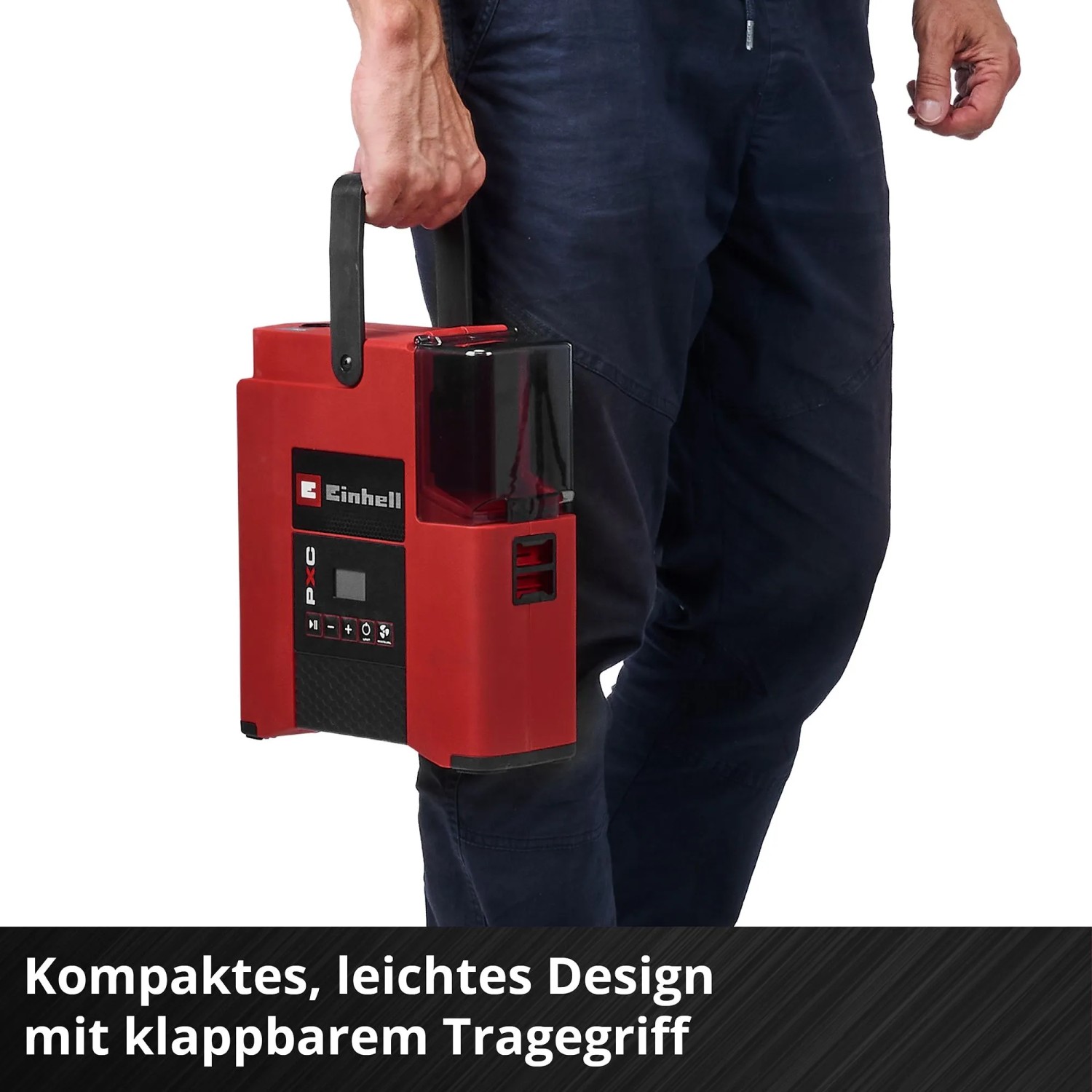 Einhell Akku-Kompressor Suppero 18/380 in Rot/Schwarz mit Tragegriff.