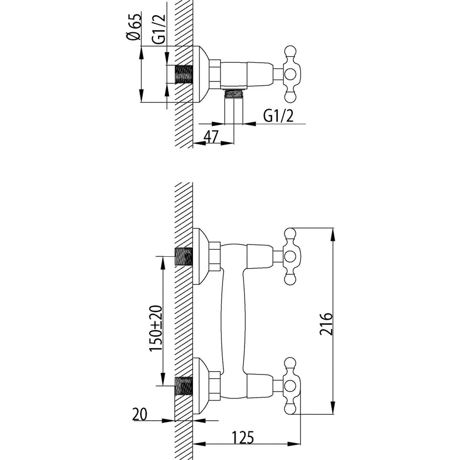 Calmwaters Zweigriffmischer Dusche Retro Cross Kreuzgriffe Chrom  