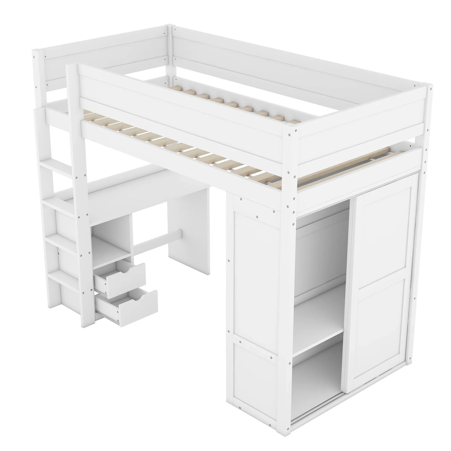 okwish Hochbett 90×200 Kinderbett mit Kleiderschrank Schreibtisch und Schubladen ohne Matratze