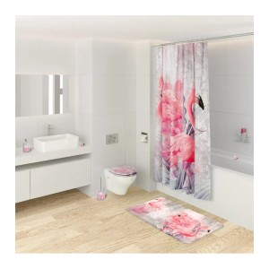 Sanilo Seifenspender Flamingo im Badezimmer-Set mit Duschvorhang und Badematte.