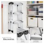 Silberne Tectake 3-Stufen Aluminium Trittleiter, doppelseitig und klappbar. Rutschfeste Stufen, schwarze Details.