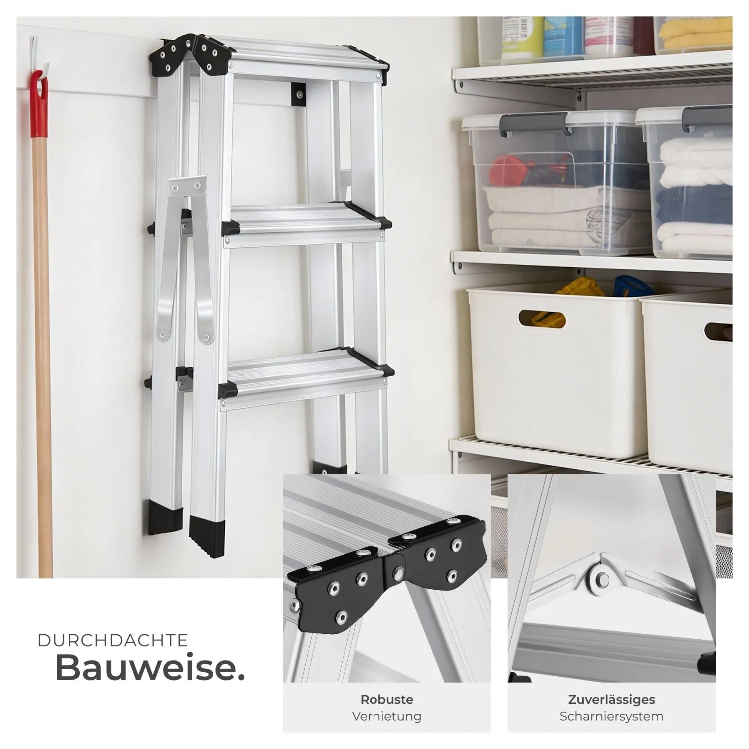 Silberne Tectake 3-Stufen Aluminium Trittleiter, doppelseitig und klappbar. Rutschfeste Stufen, schwarze Details.