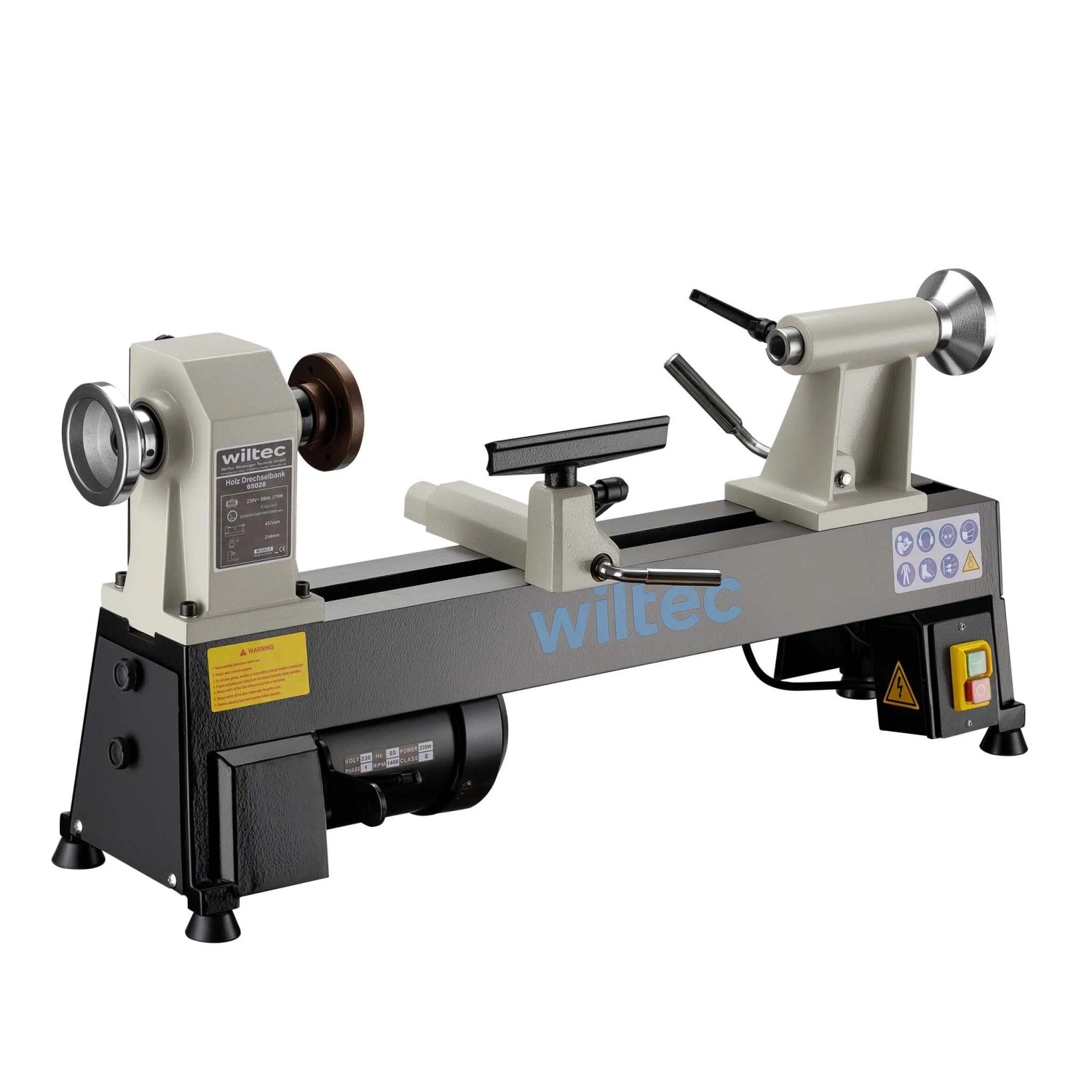 Wiltec Drechselbank 370W in Grau/Schwarz. Robuste Drechselmaschine für präzise Holzarbeiten mit variabler Drehzahl.