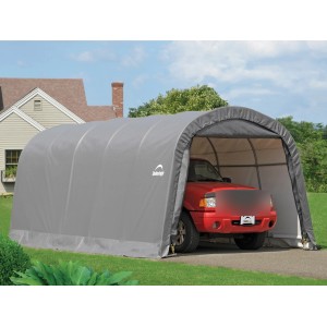 Graue ShelterLogic Zeltgarage 610x370x240 cm mit rotem Auto. Ideal als Fertiggarage oder Unterstand.