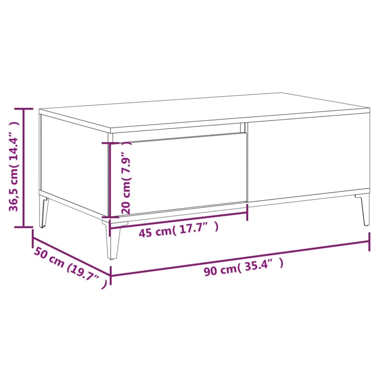 vidaXL Couchtisch Grau Sonoma, 90x50x36,5 cm, Holzwerkstoff mit Schublade.