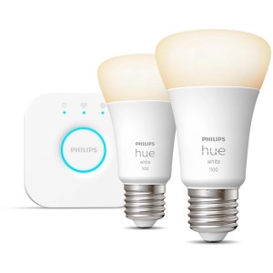 Philips Hue E27 Starter-Set mit 2 LED-Lampen und Bridge für smarte Beleuchtung.