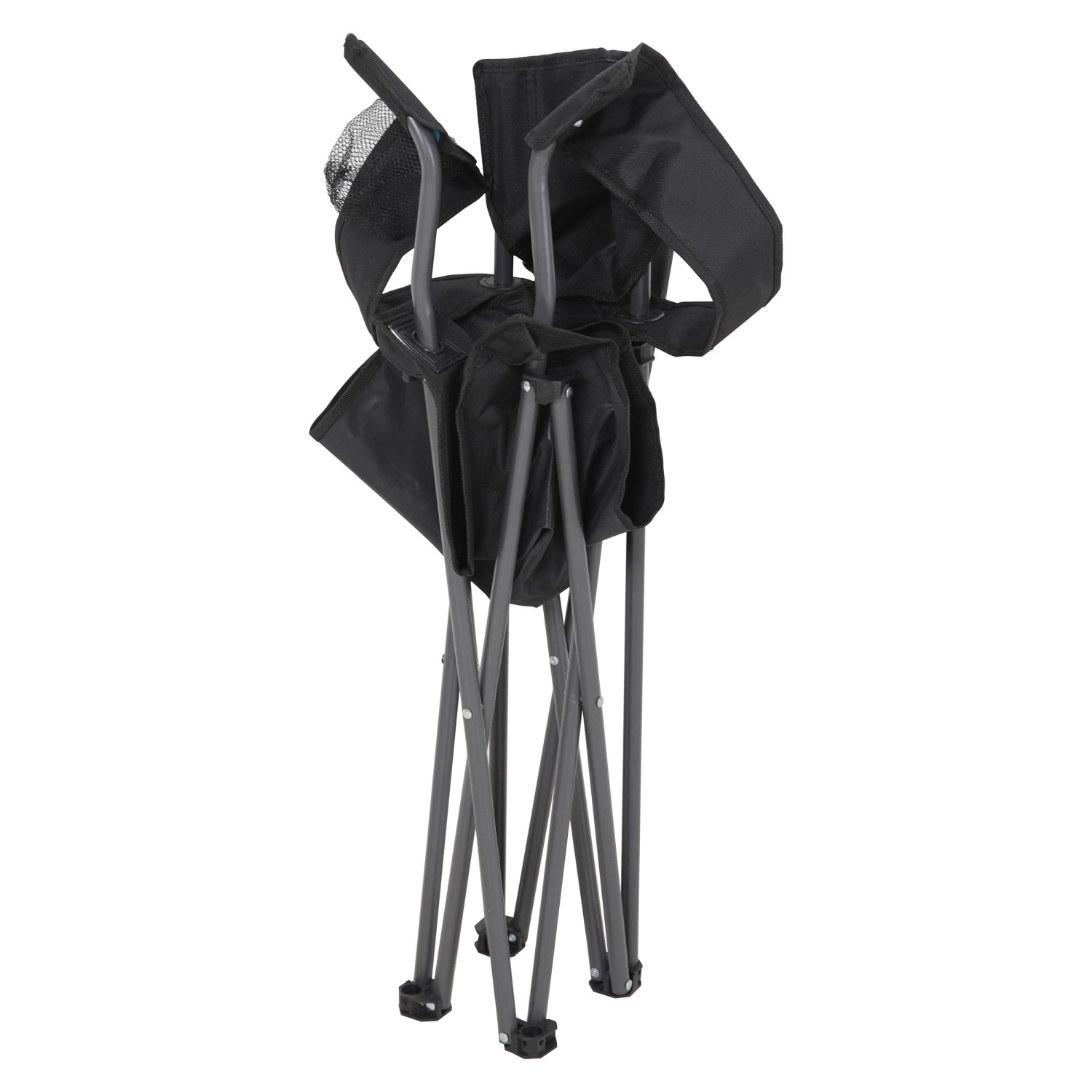 Zusammengeklappter, schwarzer Campingstuhl Atana mit Getränkehalter. Ideal für Camping & Outdoor.