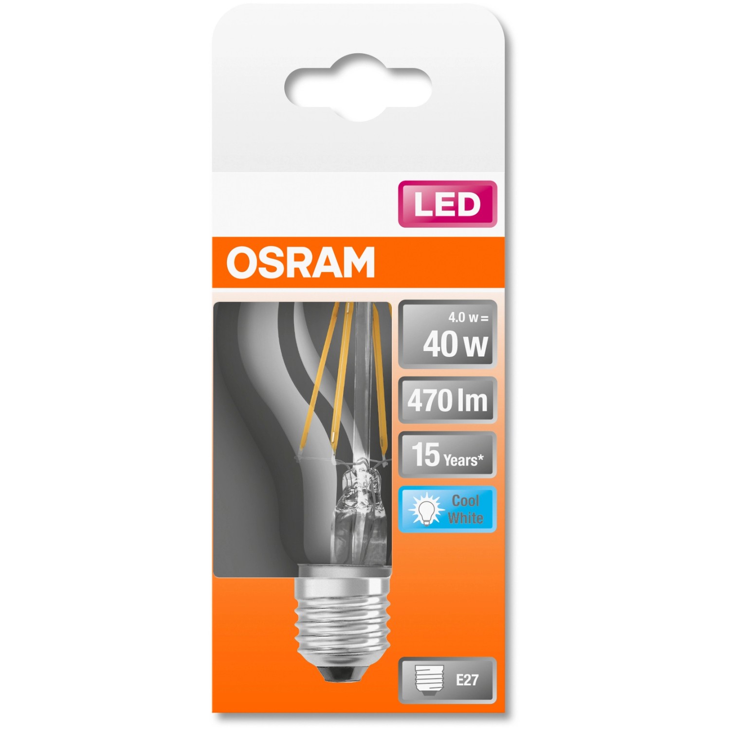 Osram LED-Lampe E27, Glühlampenform, 4W, 470lm, 10,5x6cm. Neutralweißes Licht für Wohnbereiche.